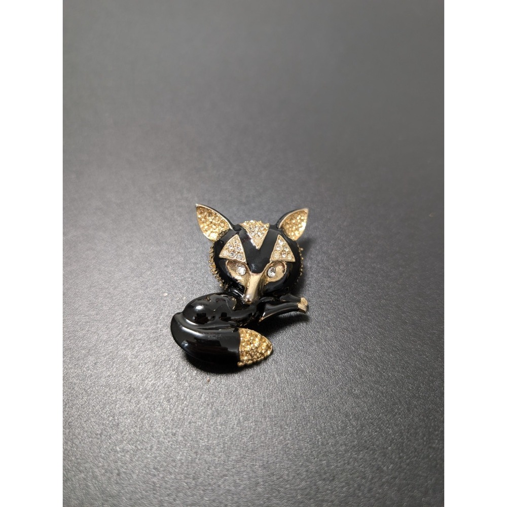 Fox Brooch Pin Black Enamel Rhinestone Gold Tone Figural Animal Jewelry